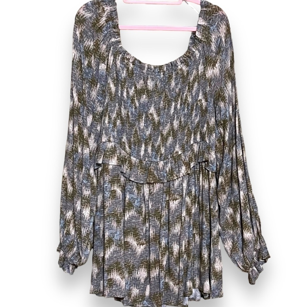 ODDY Boho Smocked Peasant Tunic Top 1X Gray Abstract Print Flowy Lightweight - Picture 4 of 8